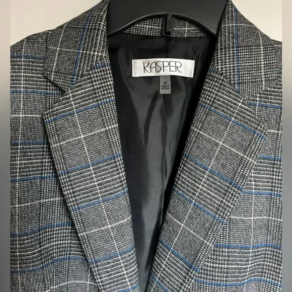 NWOT Kasper Women's Gray Blue Houndstooth Plaid Lined Blazer 4 P - Picture 3 of 12